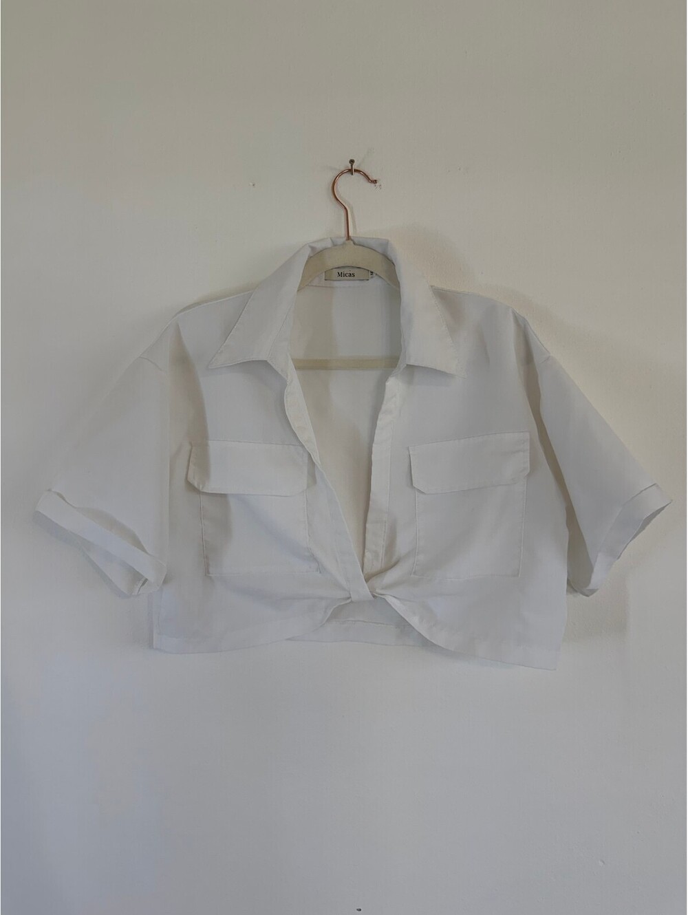 Micas White Crop Tie Front Utility Shirt Short Sleeve Pocket Top XL
